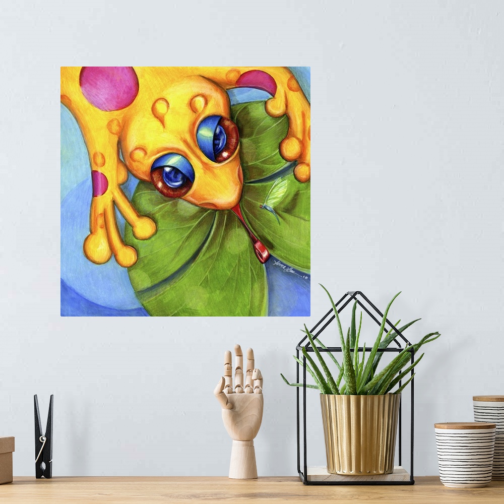 A bohemian room featuring Square contemporary painting of a yellow frog on a lily pad.