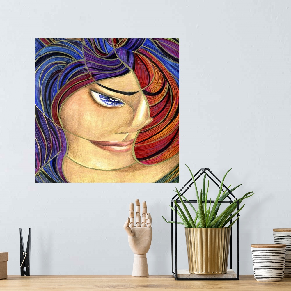 A bohemian room featuring Contemporary artwork in the style of cubism of a female portrait in bold colors.