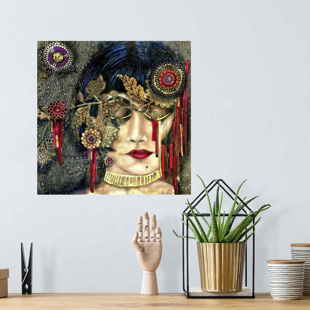A bohemian room featuring A square abstract painting of a female wearing a headdress.