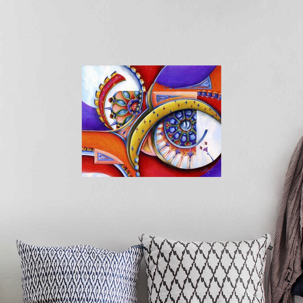 A bohemian room featuring Horizontal abstract painting of vibrant colored shapes of circles and triangles.