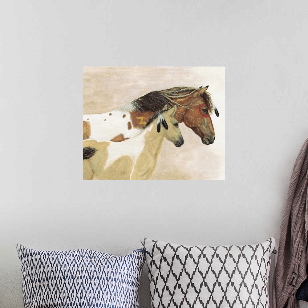 A bohemian room featuring Majestic Series of Native American inspired horse paintings of a mustang and colt.