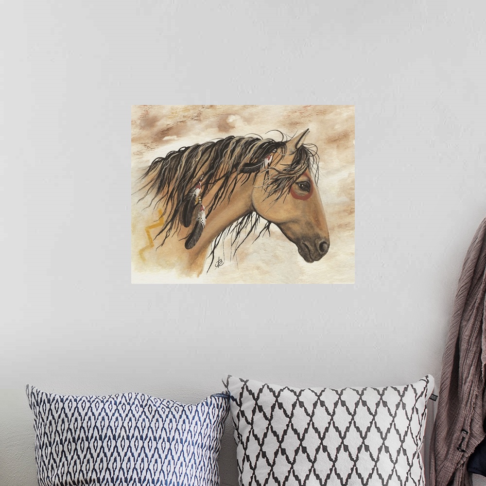 A bohemian room featuring Majestic Series of Native American inspired horse paintings of a buckskin mustang.