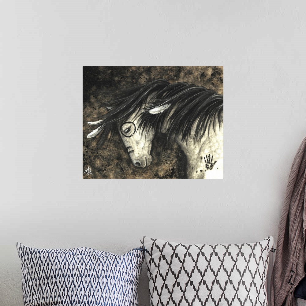 A bohemian room featuring Majestic Series of Native American inspired horse paintings of a dapple gray horse.