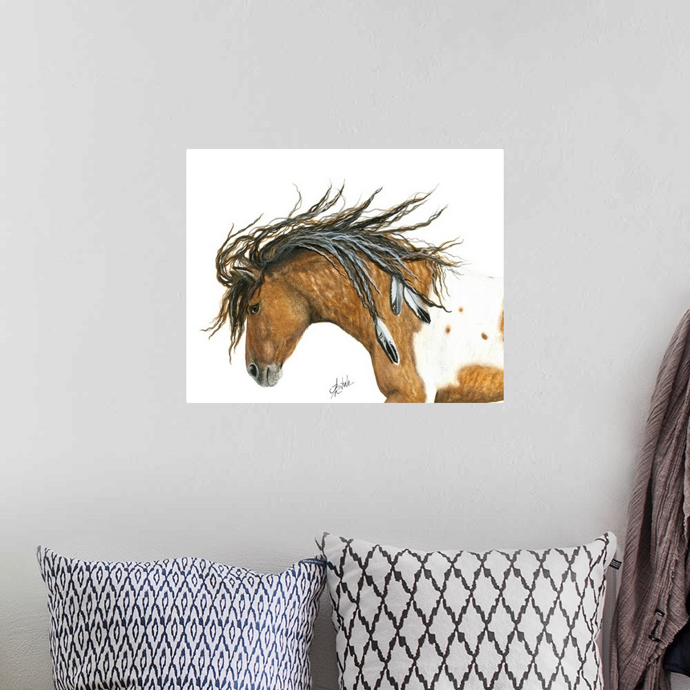 A bohemian room featuring Majestic Series of Native American inspired horse paintings of a curly horse mare.