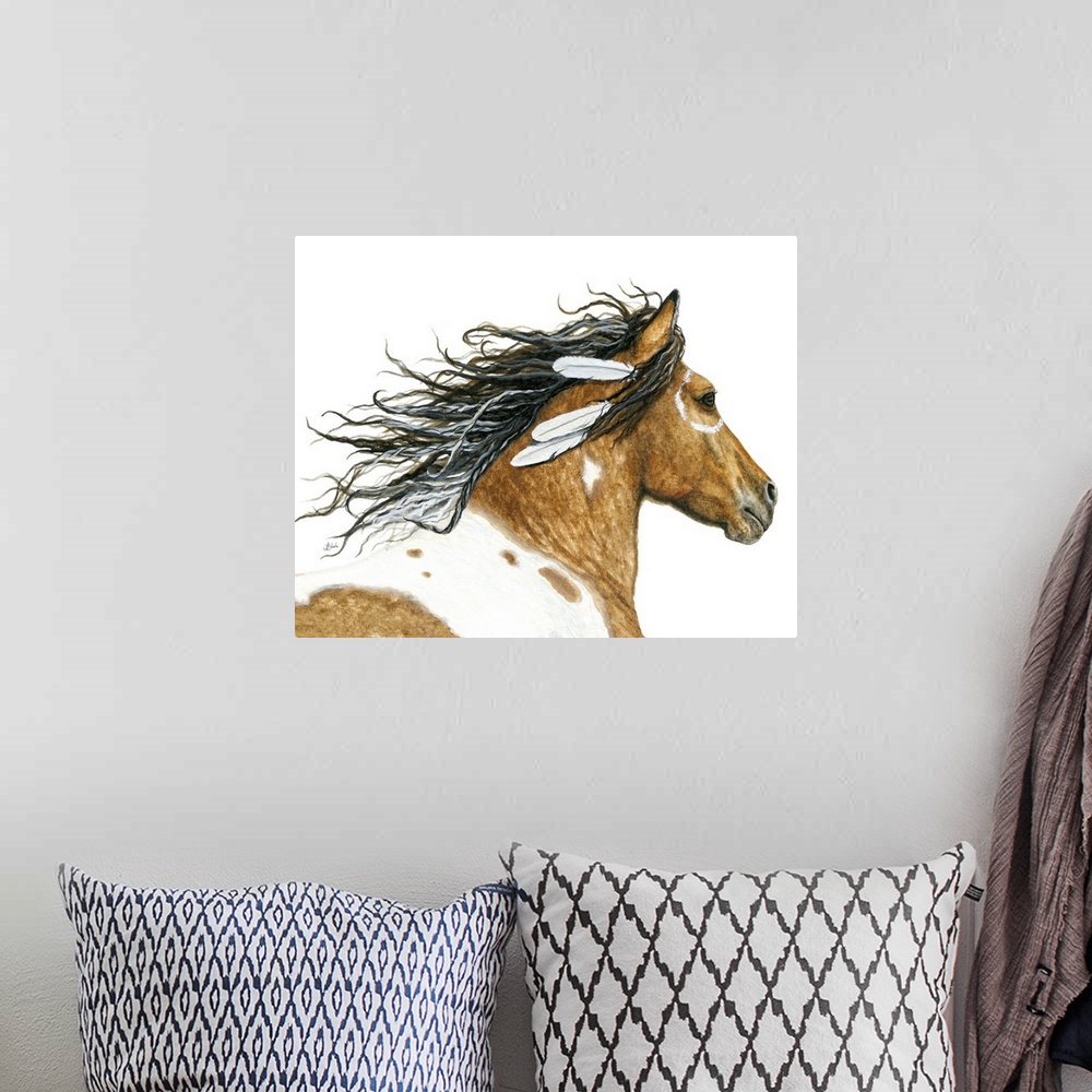 A bohemian room featuring Majestic Series of Native American inspired horse paintings of a Curly Horse.