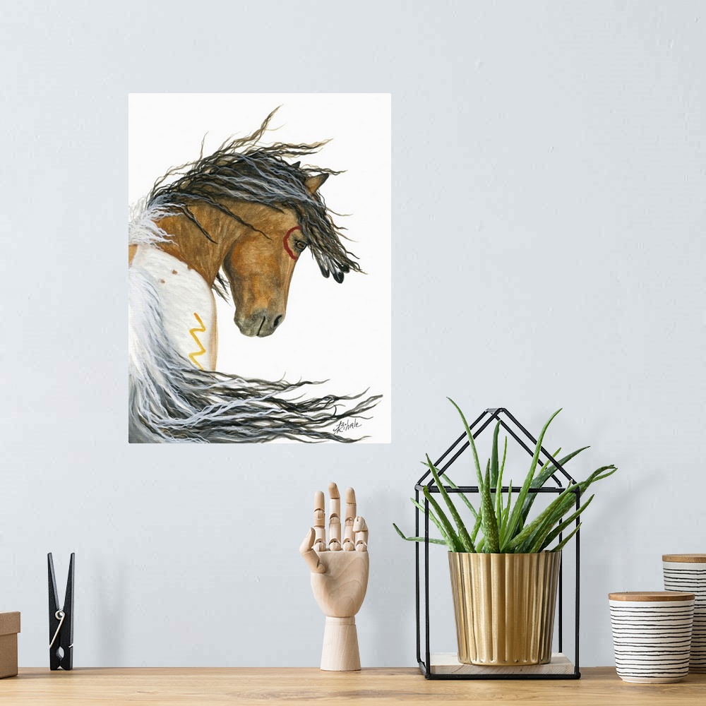 A bohemian room featuring Majestic Series of Native American inspired horse paintings of a pinto Mustang.