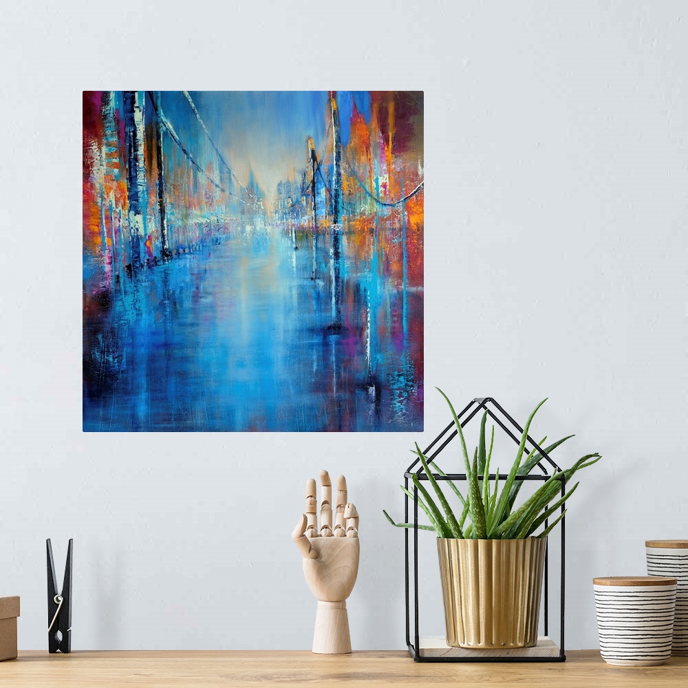 A bohemian room featuring Abstractly painted cityscape with a suspension bridge in bright colors and structures:  a large, ...