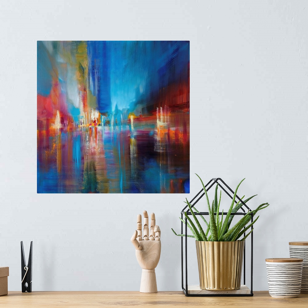 A bohemian room featuring Abstractly painted cityscape in bright colors and structures:  a large, lively city in red, orang...