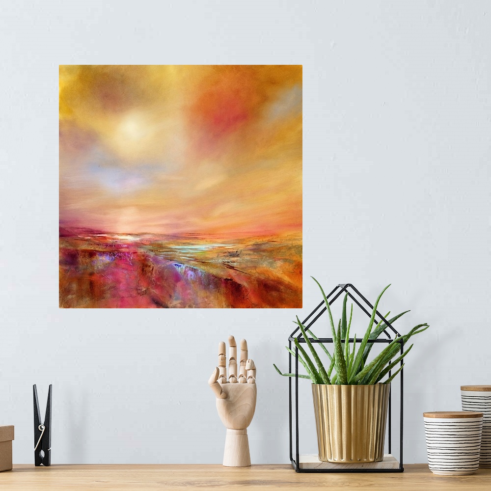 A bohemian room featuring Abstract painted landscape with vivid structures. Wide horizon, clouds, bright light,  soft  blue...