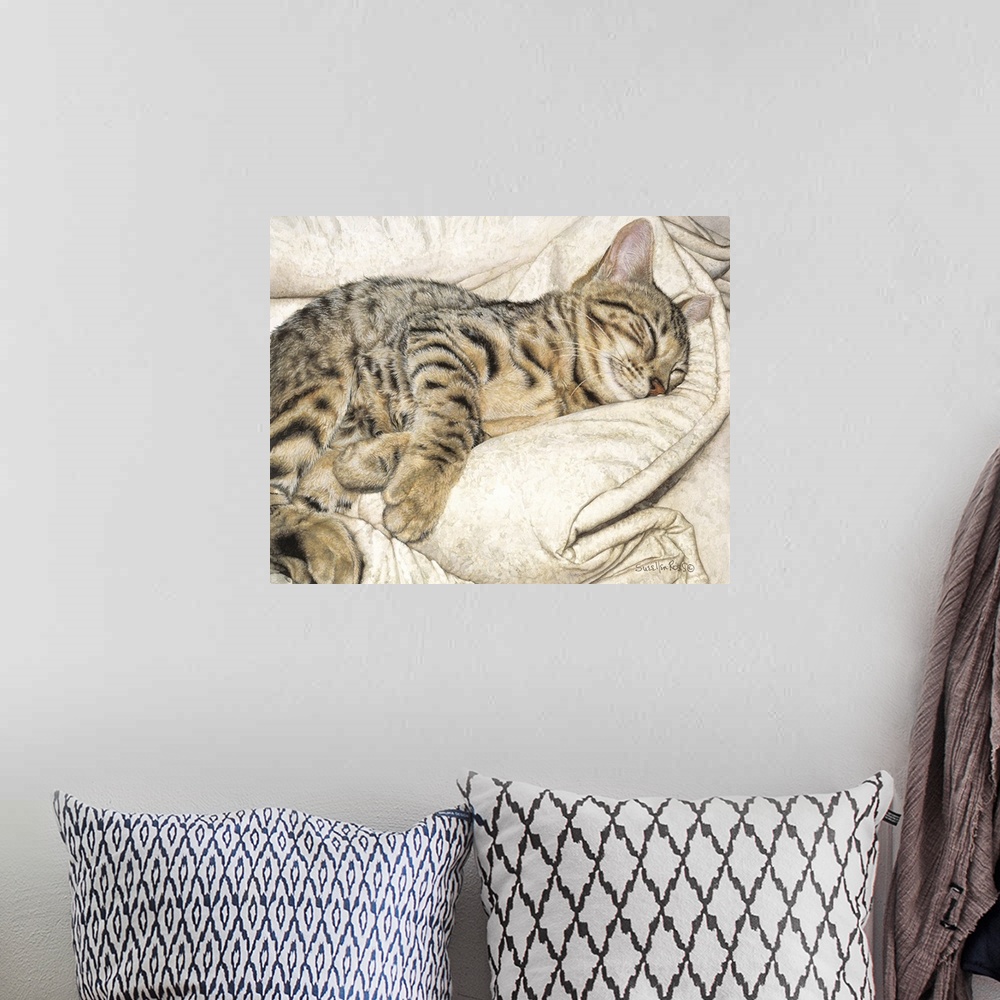 A bohemian room featuring A striped bengal cat enjoying a nap on a soft blanket.