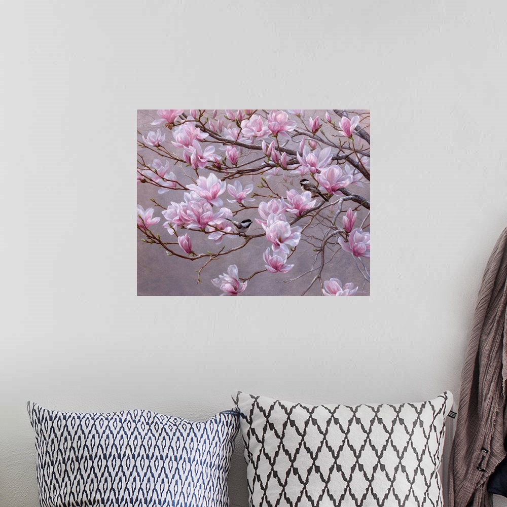 A bohemian room featuring A pretty, traditional painting of magnolia (magnolia soulangeana) blossoms in full bloom  with tw...