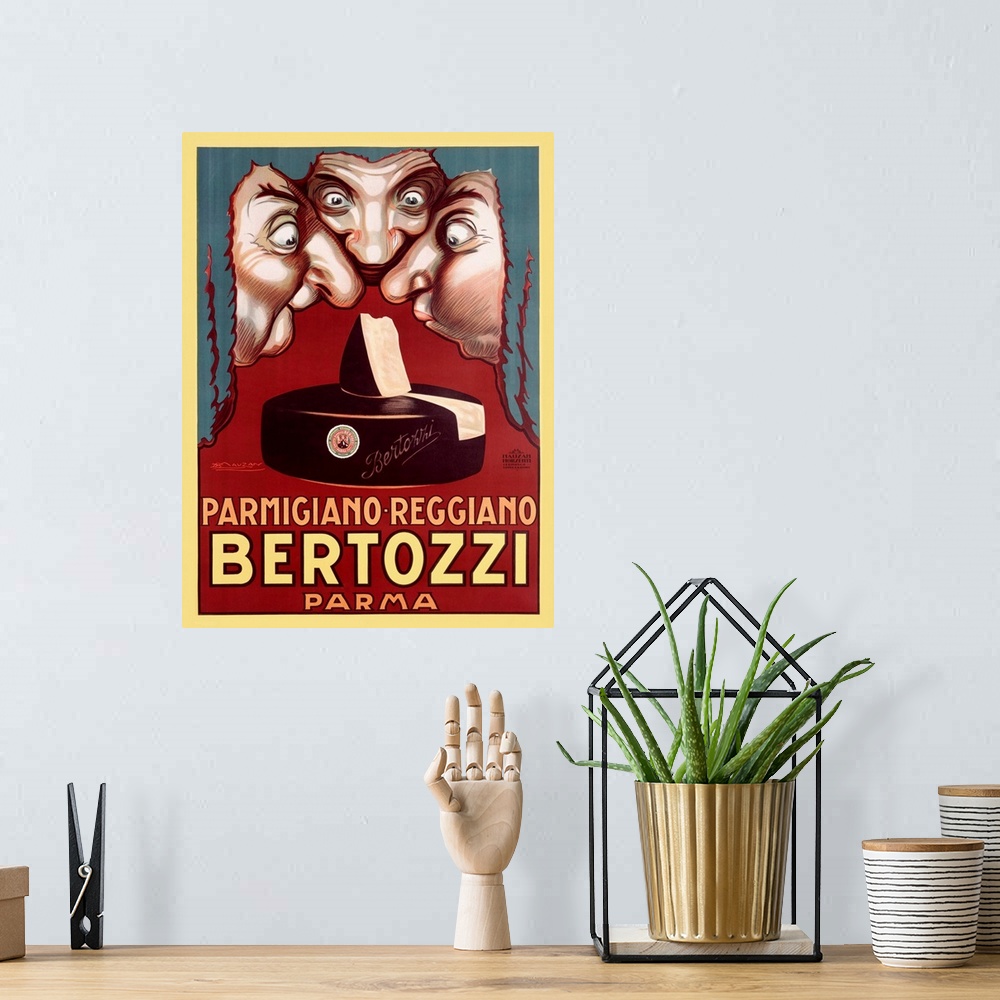 A bohemian room featuring Bertozzi Parmagian Chesse Vintage Advertising Poster