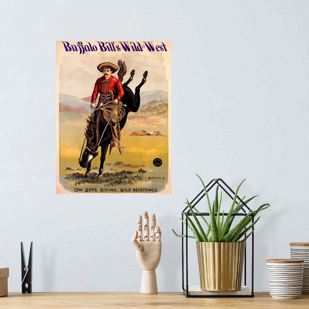 A bohemian room featuring Buffalo Bills Wild West, Cowboys Riding Wild Mustangs, Vintage Poster
