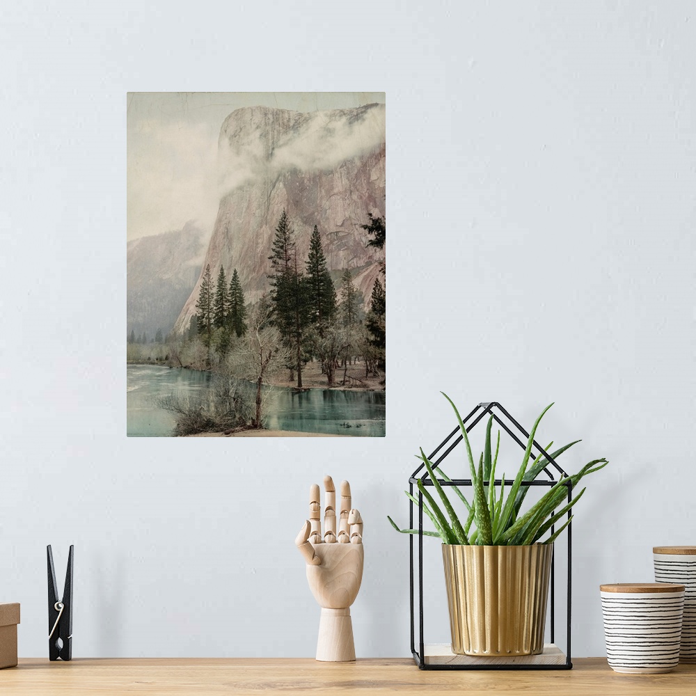 A bohemian room featuring Hand colored photograph of California, El Capitan, Yosemite Valley.