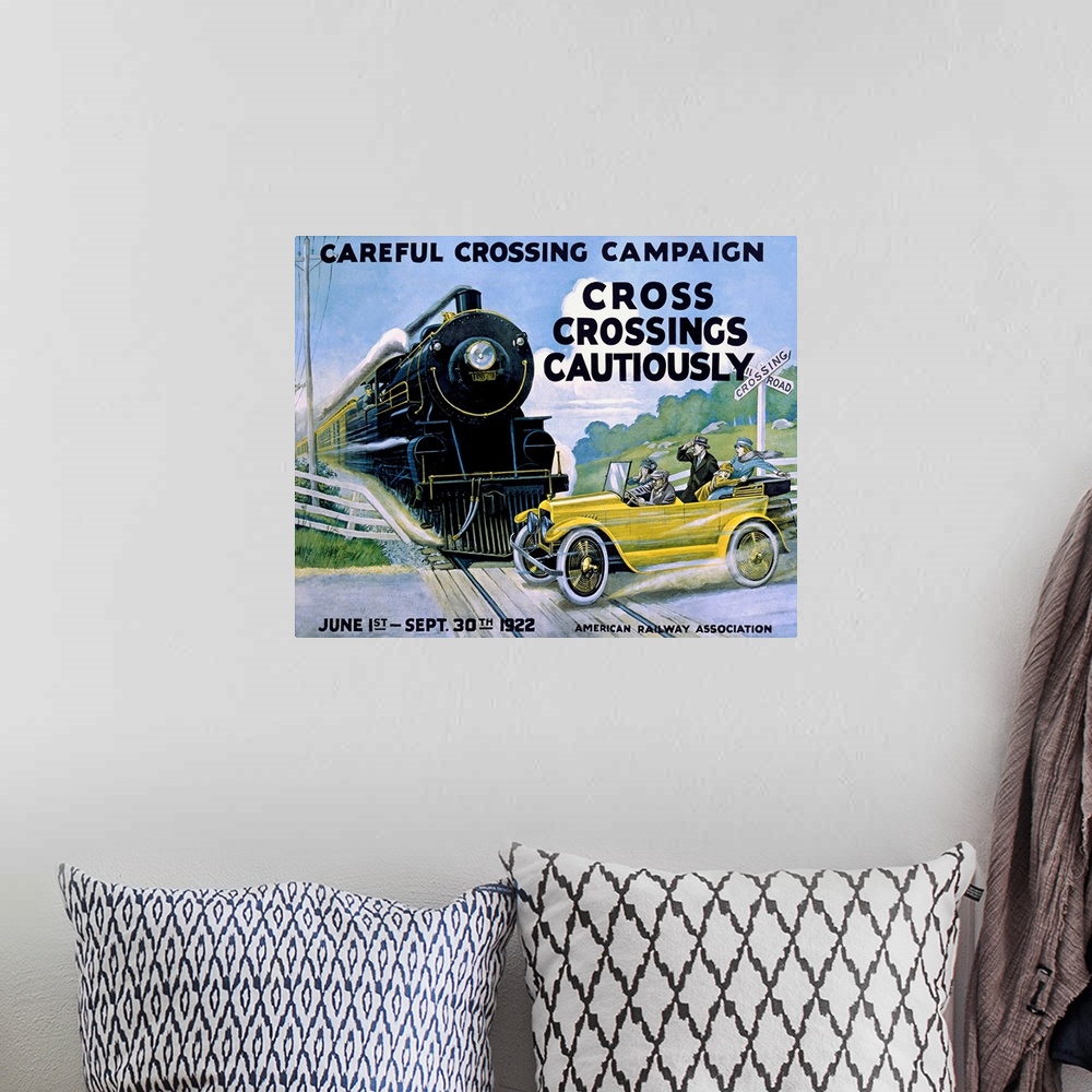 A bohemian room featuring Careful Crossing Campaign, Cross Crossing Cautiously, Vintage Poster