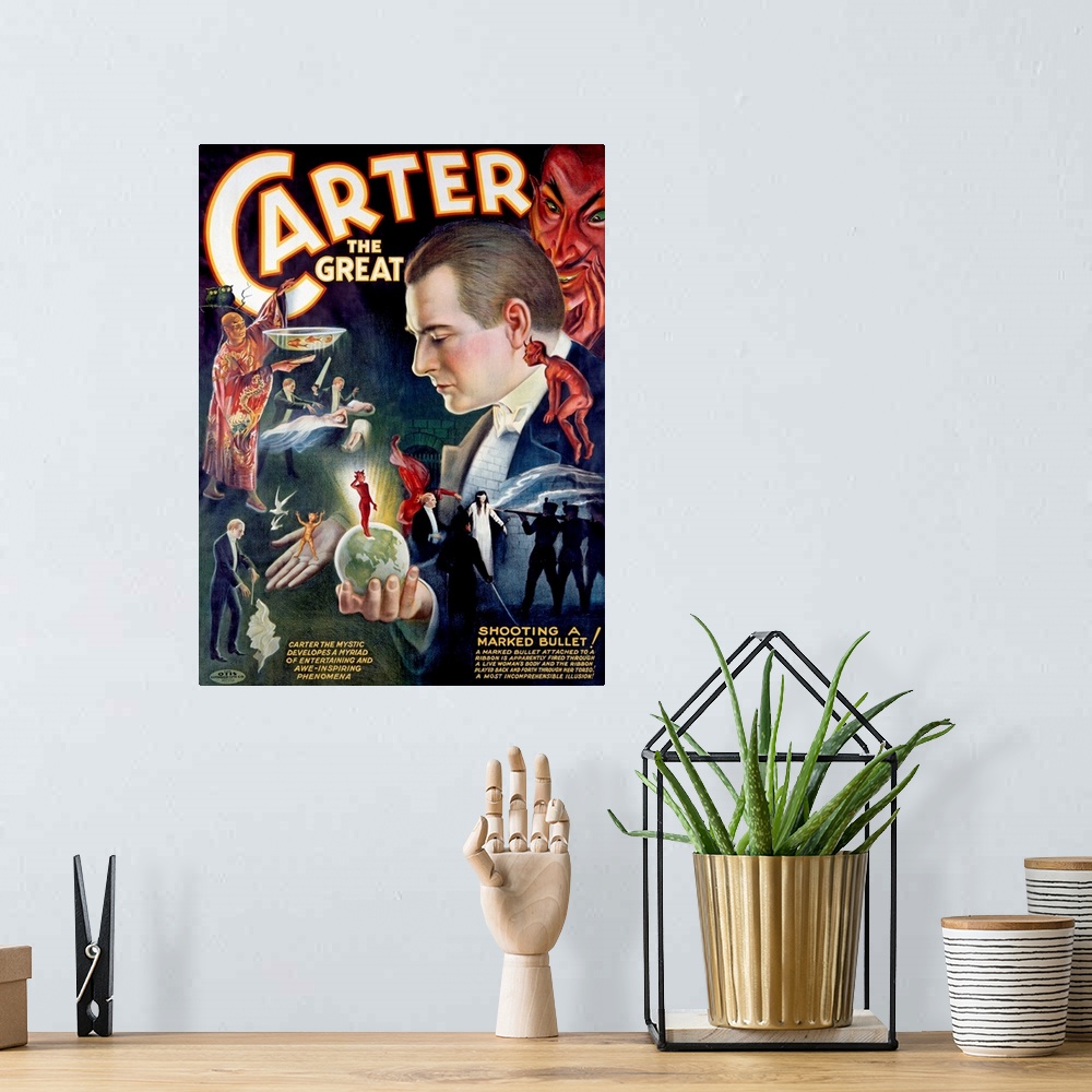 A bohemian room featuring Carter the Great, Shooting a Marked Bullet , Vintage Poster
