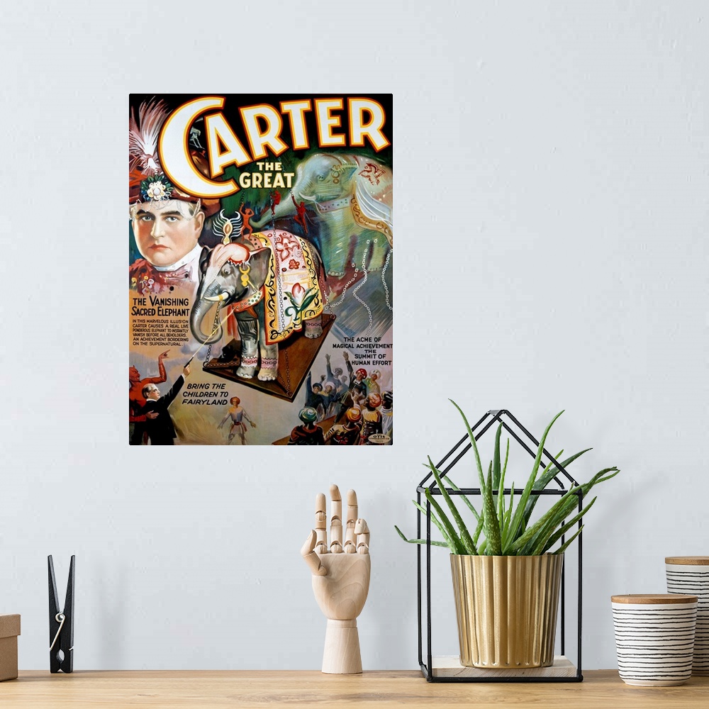 A bohemian room featuring Oversized, portrait, vintage advertisement for "Carter the Great", featuring a portrait of the ma...