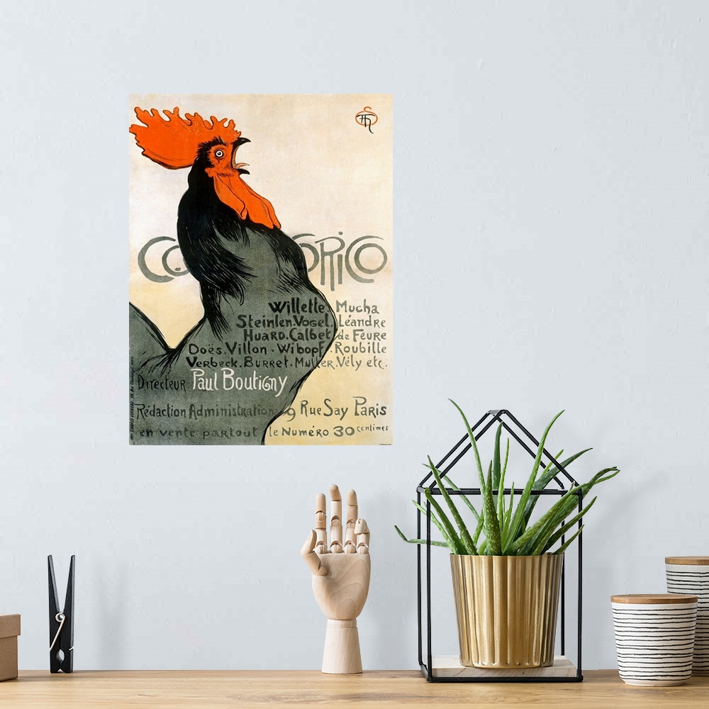 A bohemian room featuring Vintage poster of a black rooster crowing.