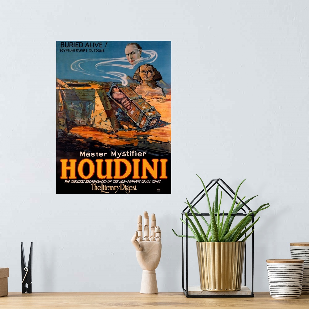 A bohemian room featuring Houdini, Buried Alive, the Literary Digest, Vintage Poster