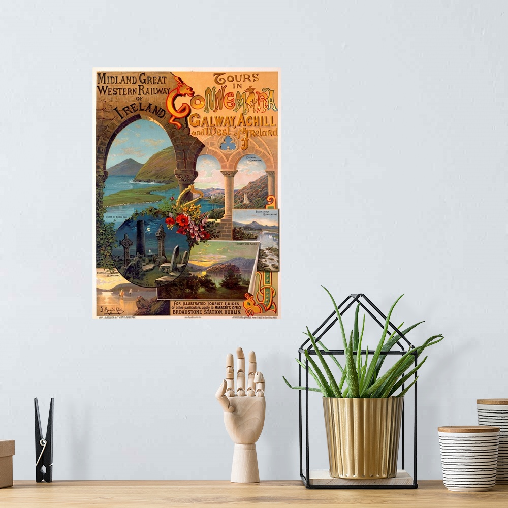 A bohemian room featuring Tall antiqued poster of a collage of different Irish landscapes.