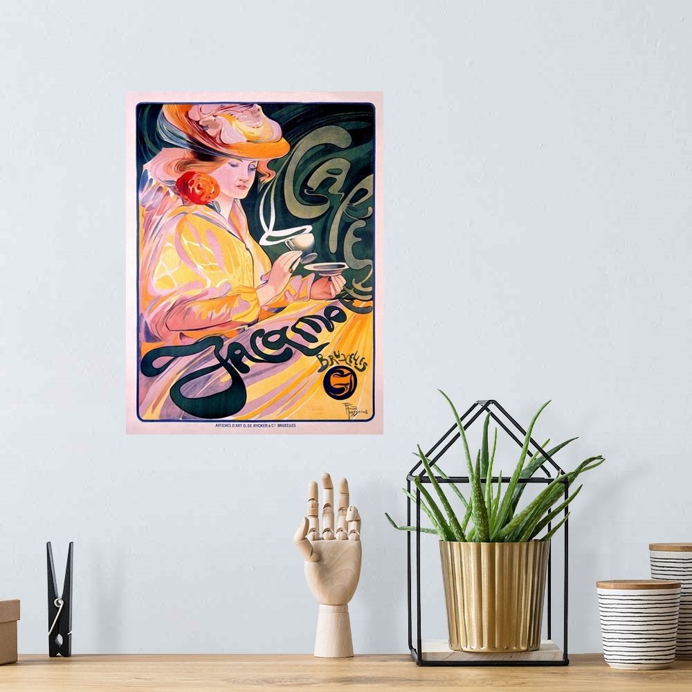 A bohemian room featuring This vertical Art Nouveau advertisement with flowing hand drawn type shows a woman in an elaborat...