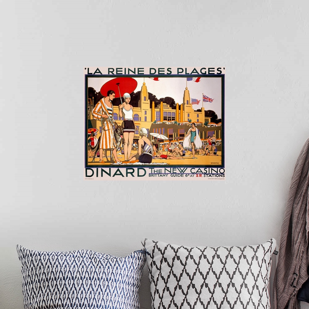 A bohemian room featuring Oversized, landscape vintage art advertisement of many people in swimwear with umbrellas, on a be...