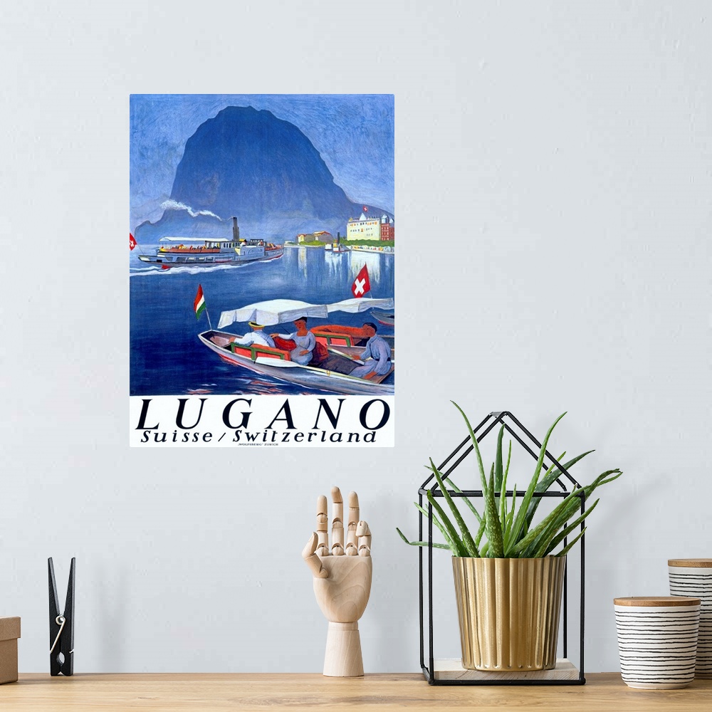 A bohemian room featuring Lake Lugano, Switzerland, Vintage Poster, by Otto Baumberger