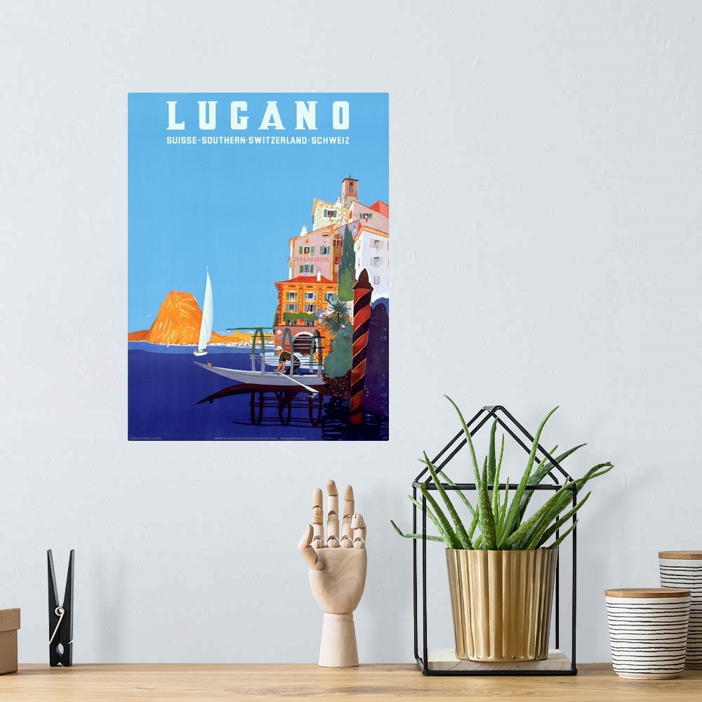 A bohemian room featuring Lucano, Flying Swiss Air, Vintage Poster