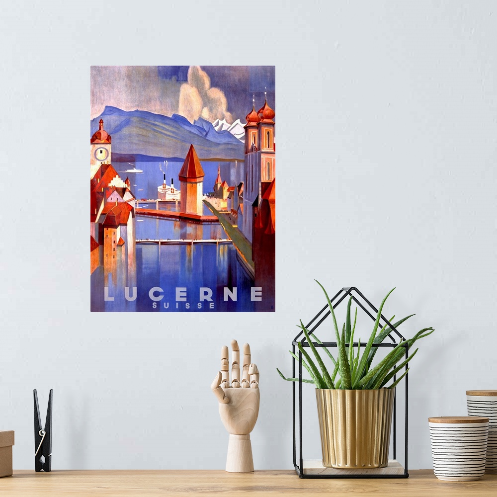 A bohemian room featuring Lucerne Vintage Advertising Poster