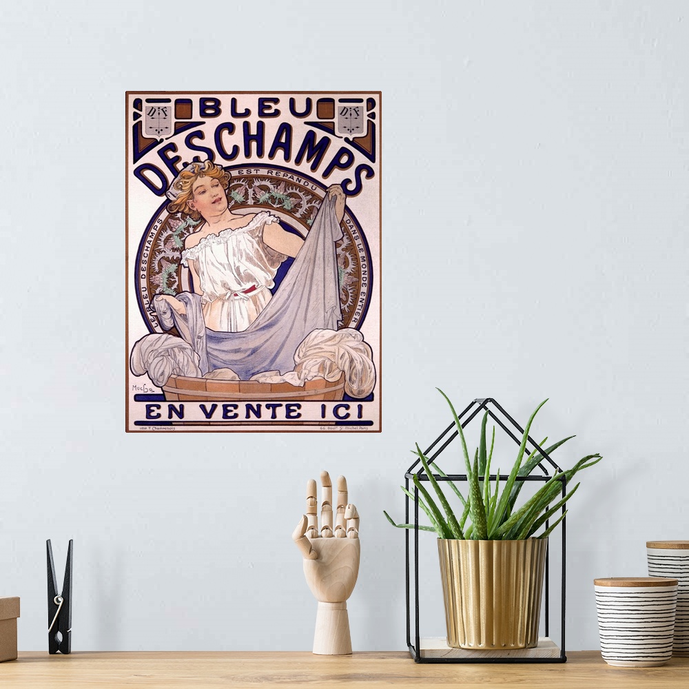 A bohemian room featuring Vintage French Advertising Lithographs, Bleu Deschampes