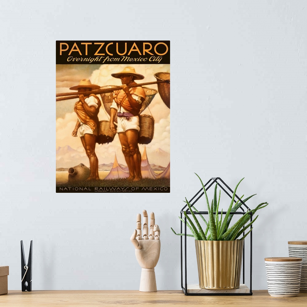 A bohemian room featuring Portrait advertisement on a big wall hanging for Patzcuaro, the National Railways of Mexico of tw...