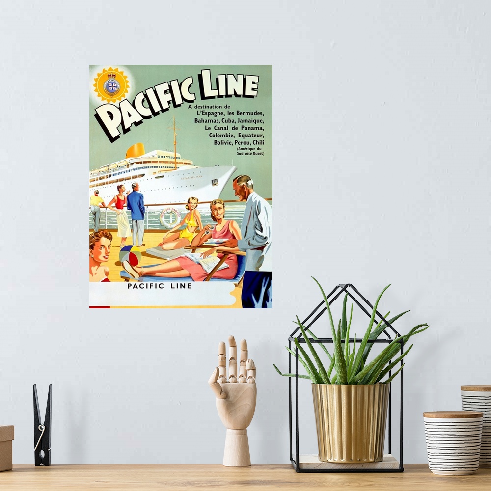 A bohemian room featuring Retro poster on canvas of people lounging on the deck of a cruise ship with another cruise ship i...