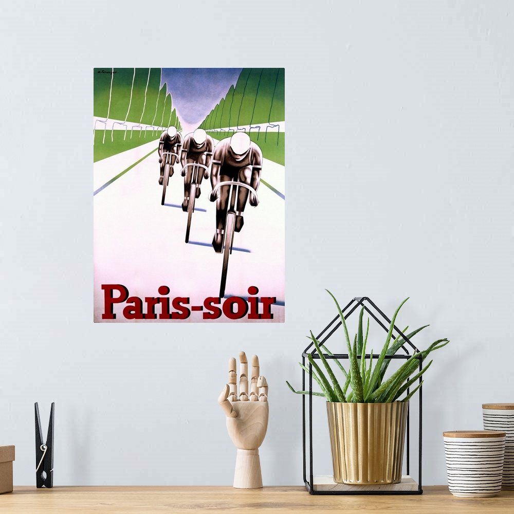 A bohemian room featuring French advertisement for Paris in the Evening of an illustration of three cyclists pedaling down ...