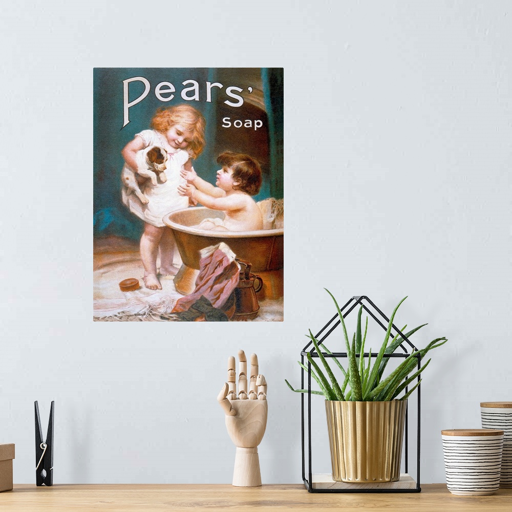 A bohemian room featuring Pears Soap Childrens Puppy Vintage Advertising Poster