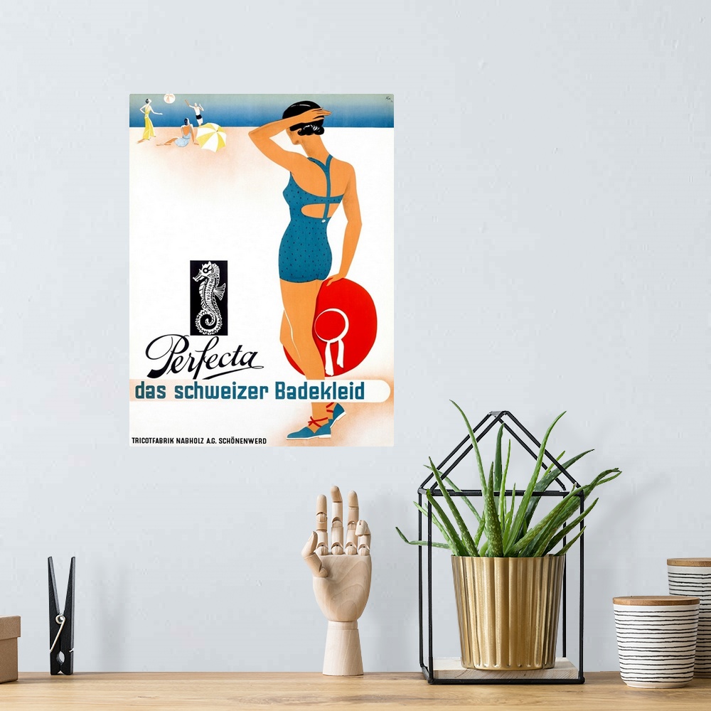 A bohemian room featuring Antiqued poster advertising swimsuits with a painting of a woman in the foreground holding a hat ...