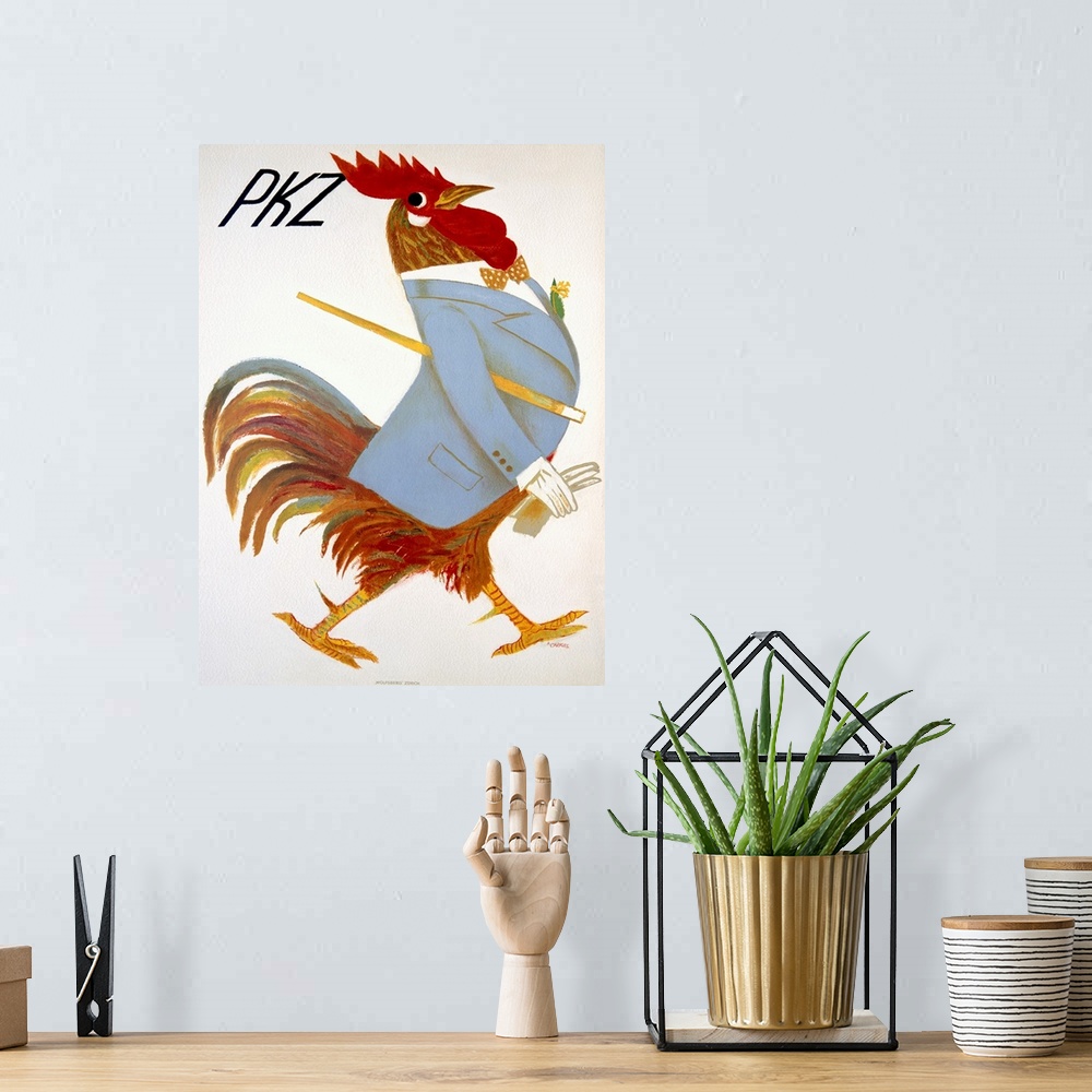 A bohemian room featuring Vintage advertising poster featuring a rooster wearing a dapper suit and gloves.