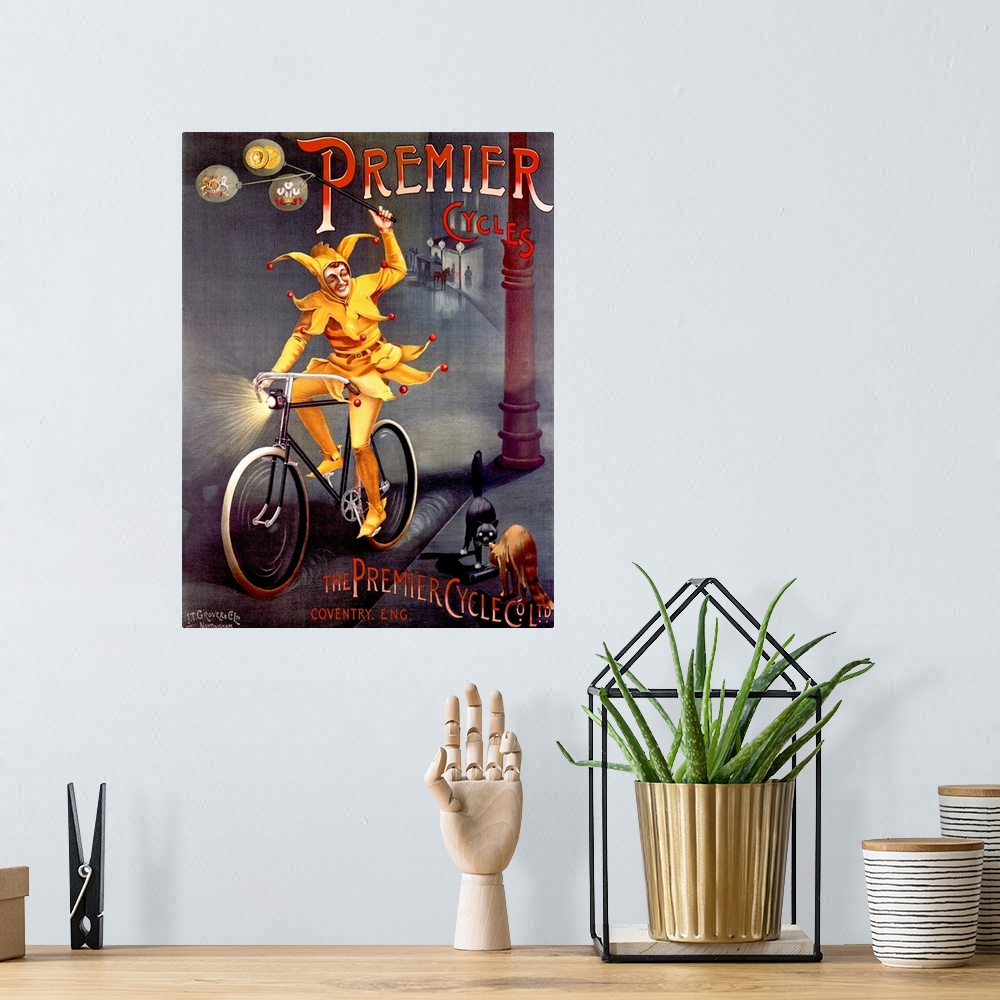A bohemian room featuring Big canvas painting of a jester riding a bike on a dark street looking at two cats that are about...