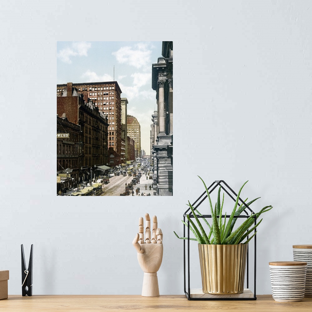 A bohemian room featuring Vintage photo on canvas of a street in Chicago with people and antique cars going up and down the...