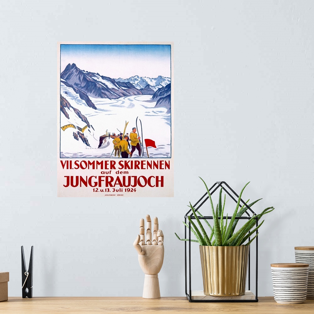 A bohemian room featuring Vintage poster of snow covered ground and mountains with a group of skiers in the foreground of t...