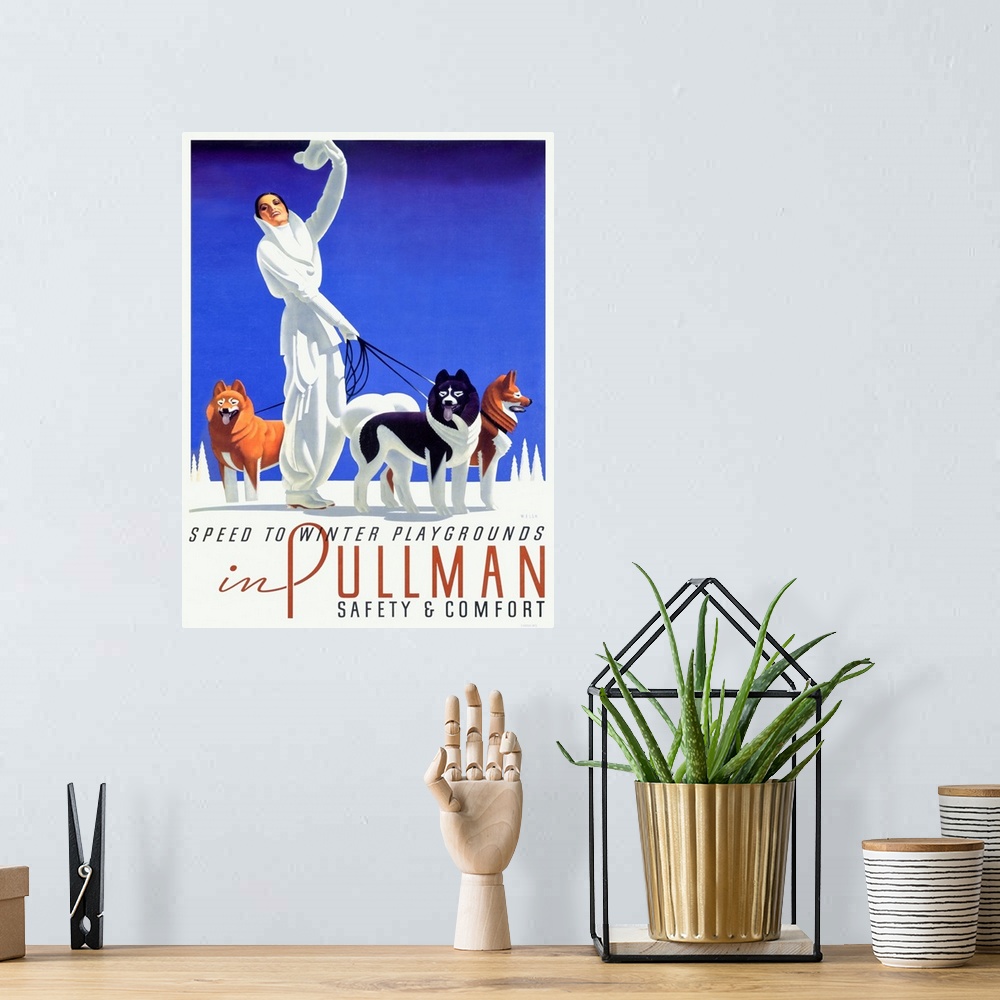 A bohemian room featuring Speed to Winter Playgrounds, Pullman, Vintage Poster