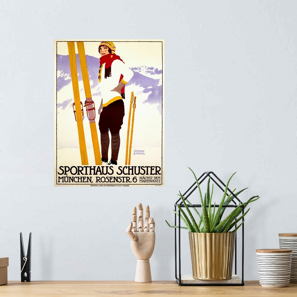 A bohemian room featuring Vintage artwork of a female skier standing in front of a mountain view with her skis and poles pl...