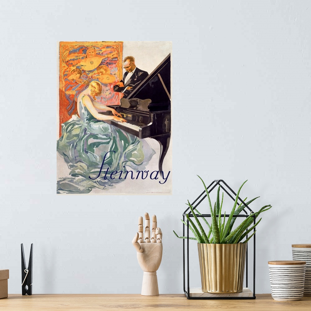 A bohemian room featuring Steinway, Vintage Poster, by Werner Von Axster Heudtlass