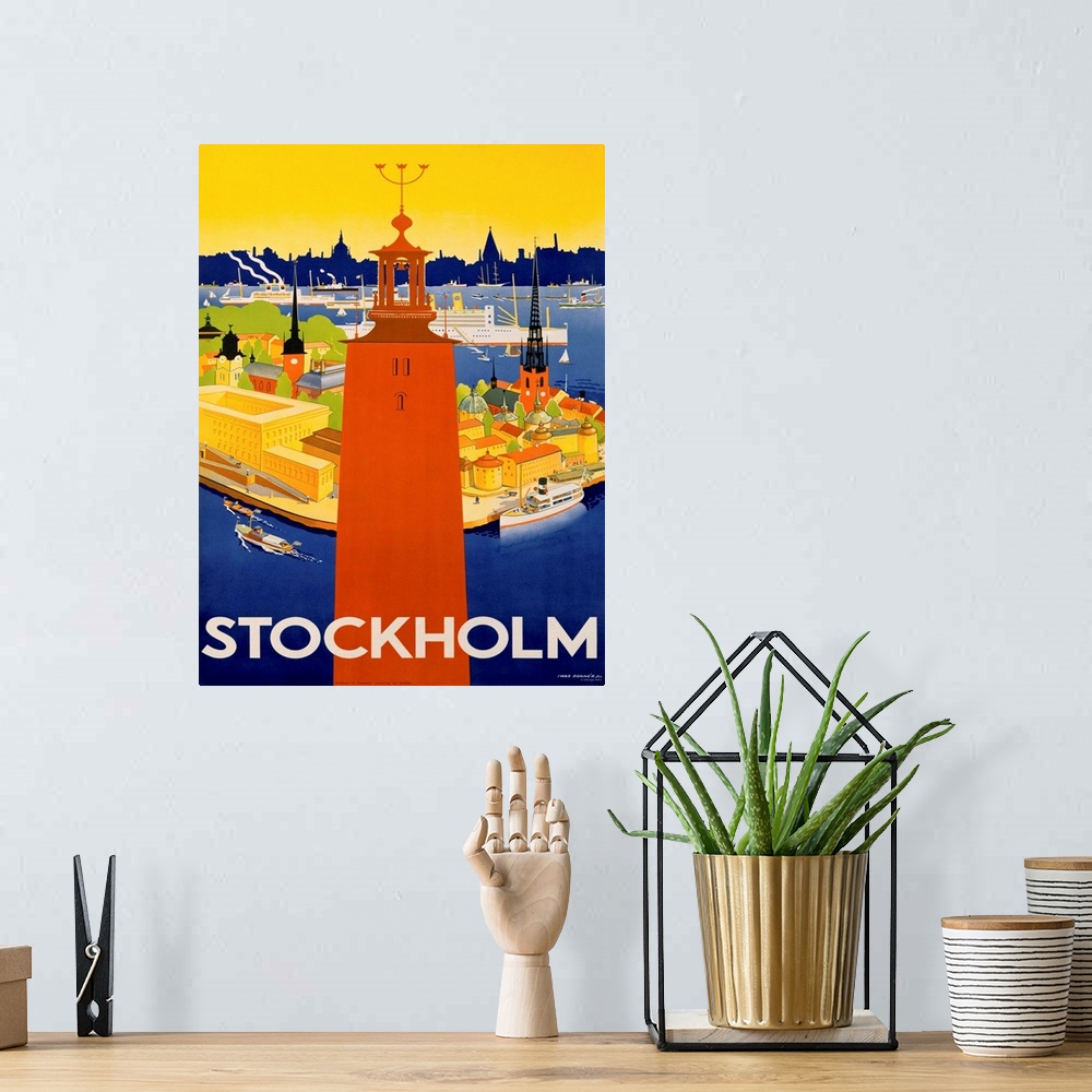 A bohemian room featuring Stockholm Travel Vintage Advertising Poster