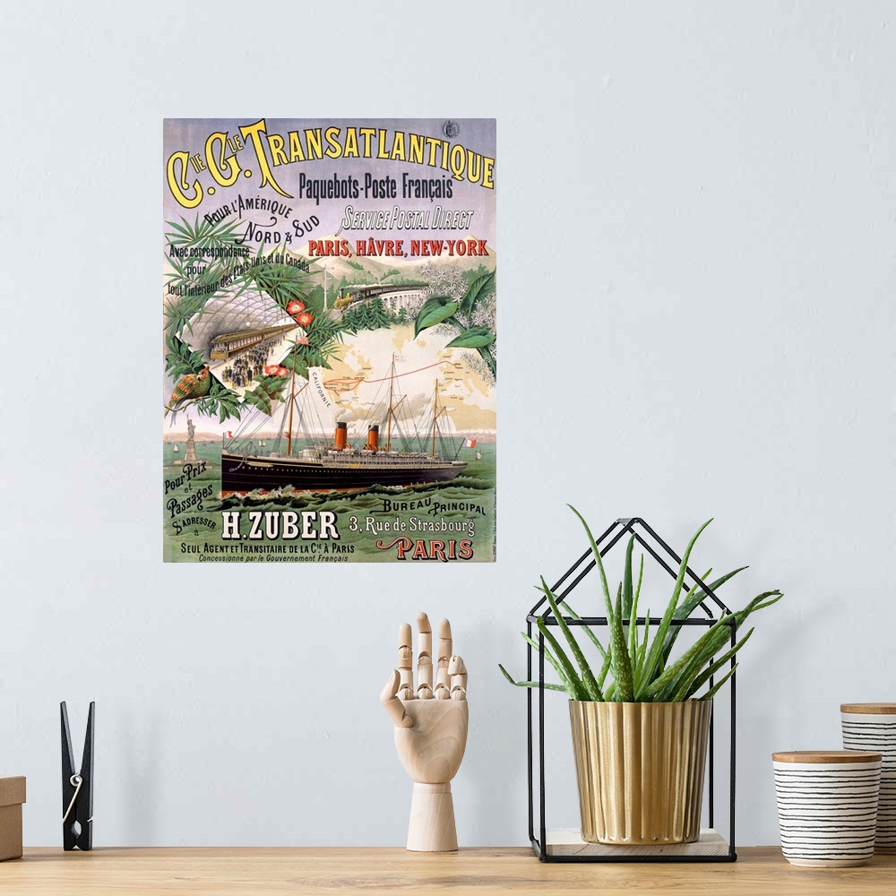 A bohemian room featuring Transatlantique Ocean Liner, Vintage Poster