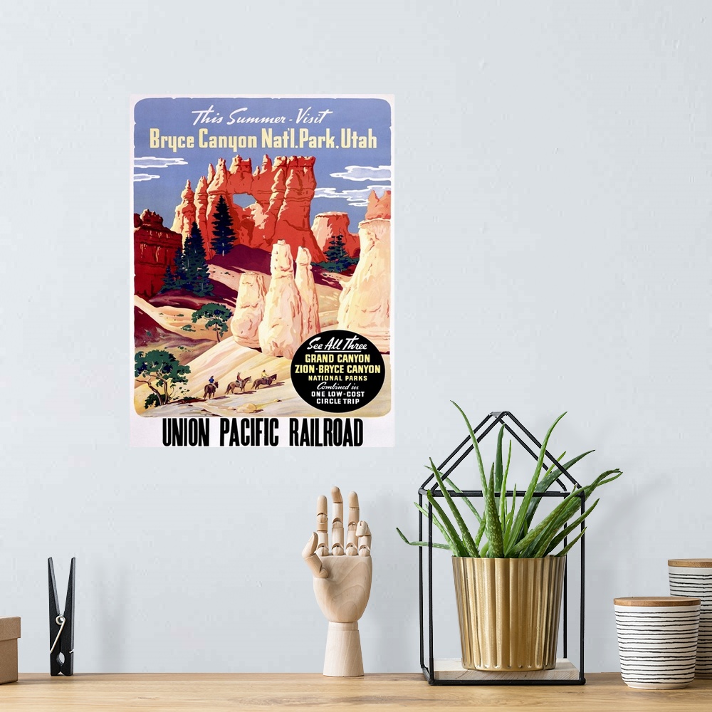 A bohemian room featuring Vintage American Travel Poster, Bryce Canyon National Park Utah, Union Pacific Railroad