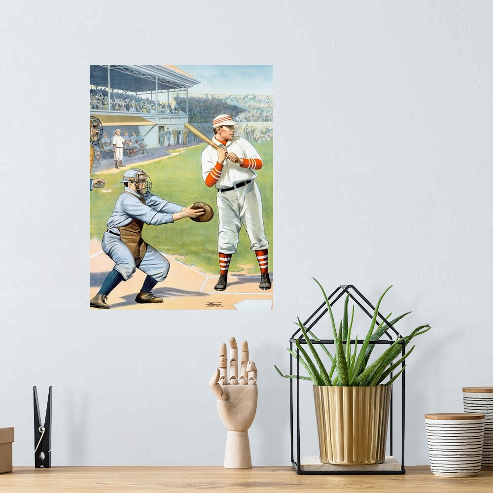 A bohemian room featuring Old poster of batter up to swing with umpire beside him and packed stands in the distance.