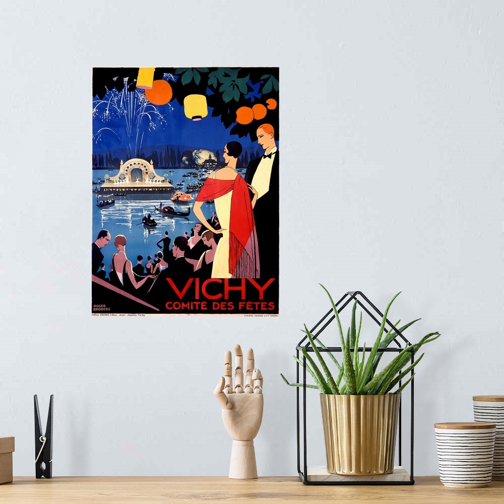 A bohemian room featuring Vertical, big vintage poster of an evening stage performance on water, with fireworks and surroun...