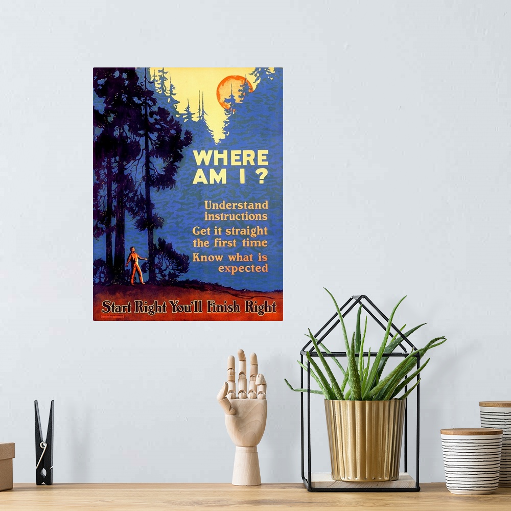 A bohemian room featuring Old poster with a man in the woods looking up at the moon with the text "Understand instructions,...