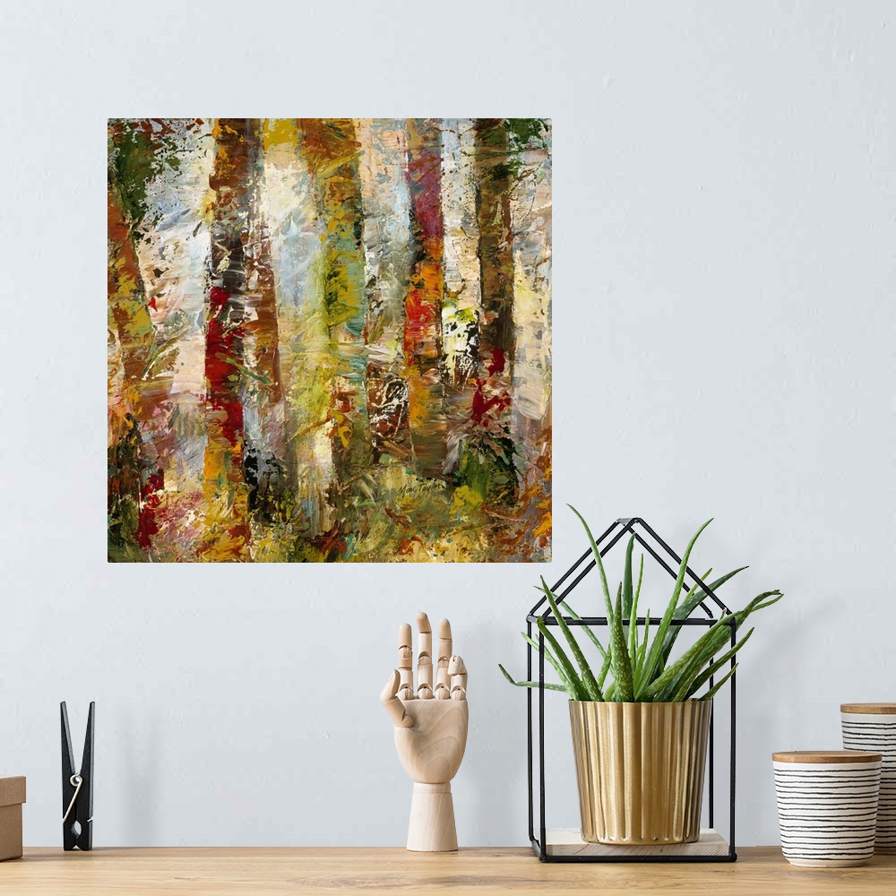 A bohemian room featuring Contemporary abstract painting of a mash-up of colors and textures resembling a dense forest.
