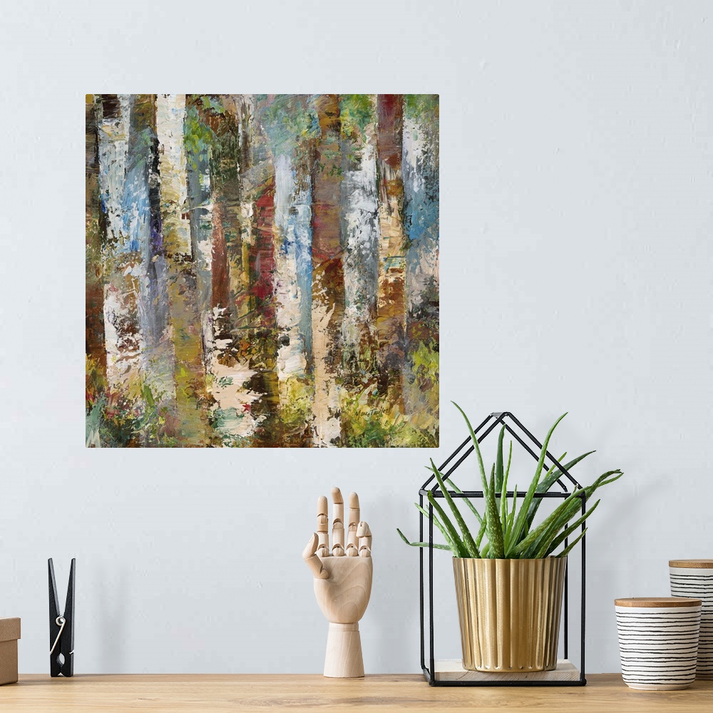 A bohemian room featuring Contemporary abstract painting of a mash-up of colors and textures resembling a dense forest.